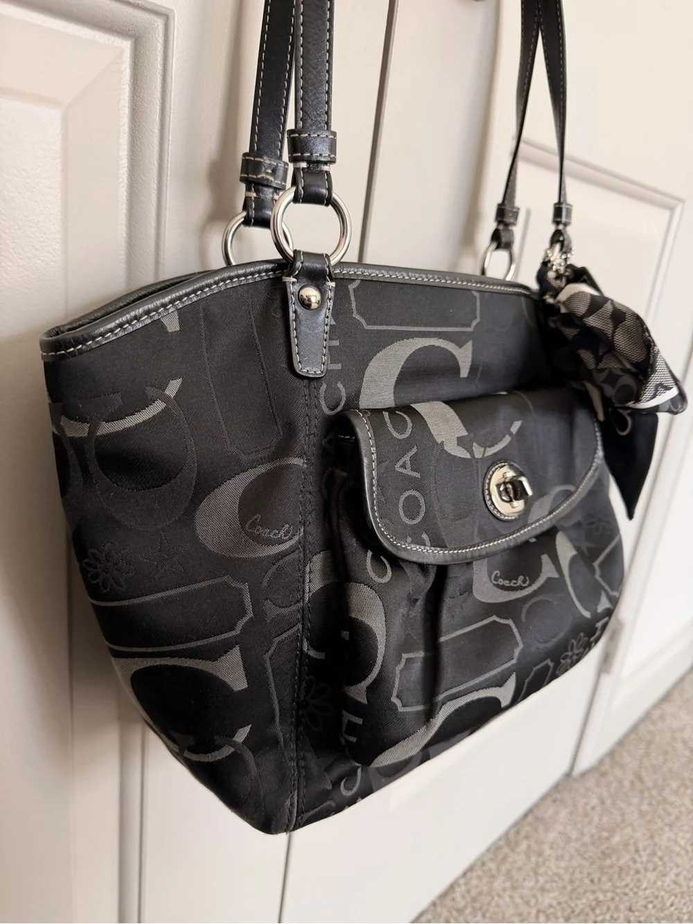 Coach Black Signature Canvas Shoulder Tote with Scarf Accent